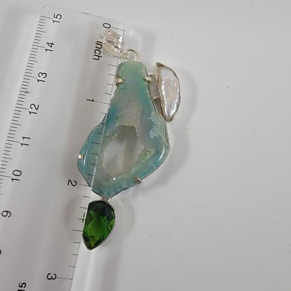 Handmade Silver Pendant with Green Druzy Agate, Pearl & Chrome Diopside - Picture 2 of 10